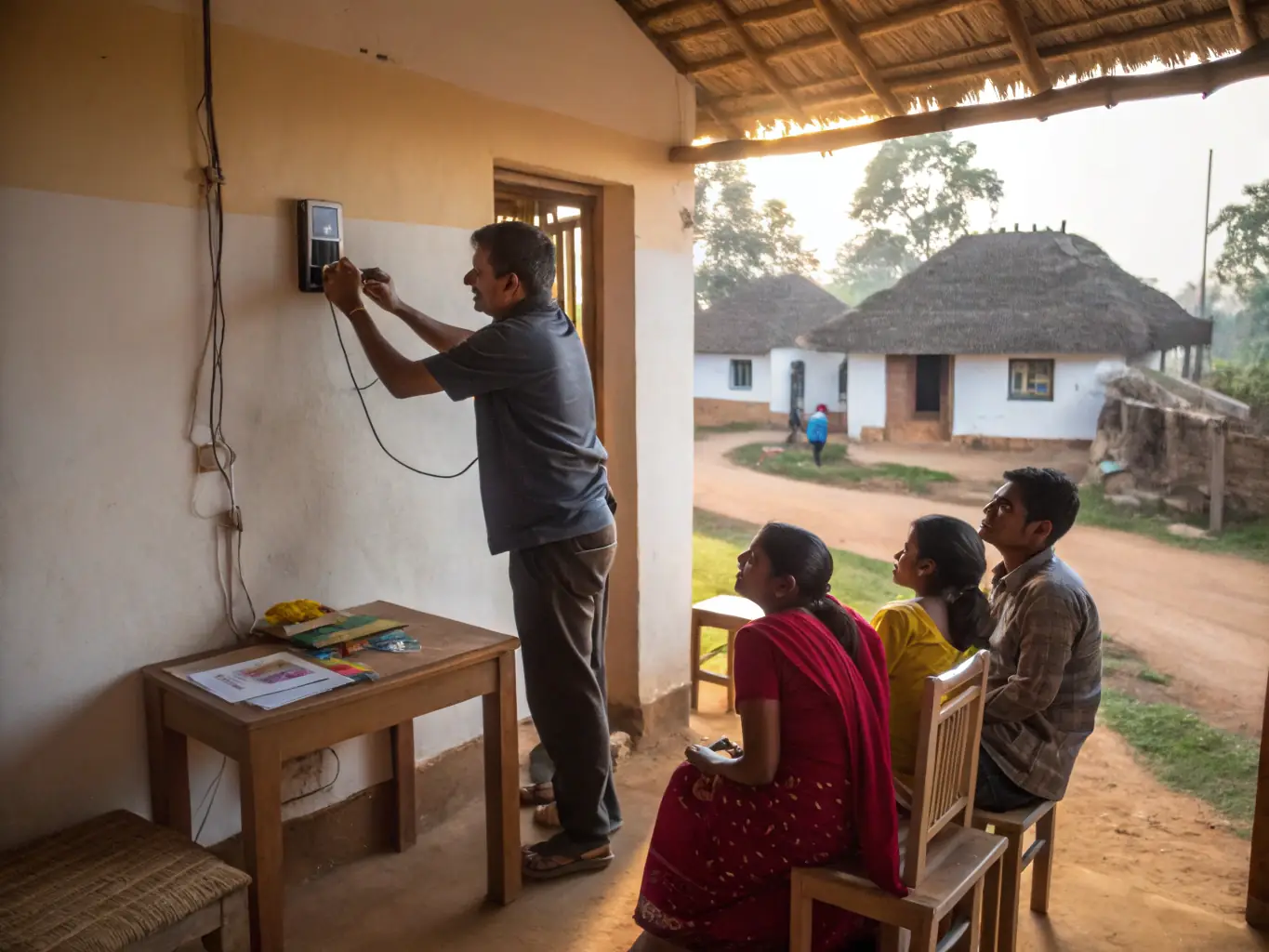 A friendly technician assisting a family with their home Wi-Fi setup in a modern living room, showcasing On The Go Techs' residential IT support services.