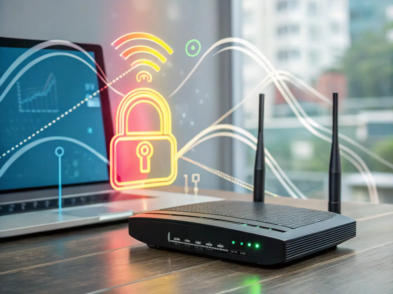A secure home network represented by a digital shield icon overlaid on a home Wi-Fi router, symbolizing protection against cyber threats.