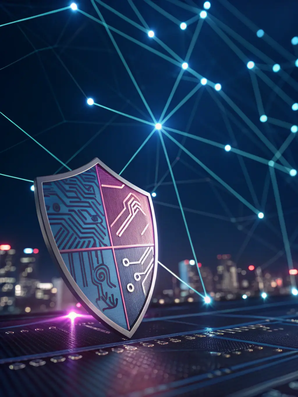 A digital shield icon over a laptop, symbolizing cybersecurity protection for business data.
