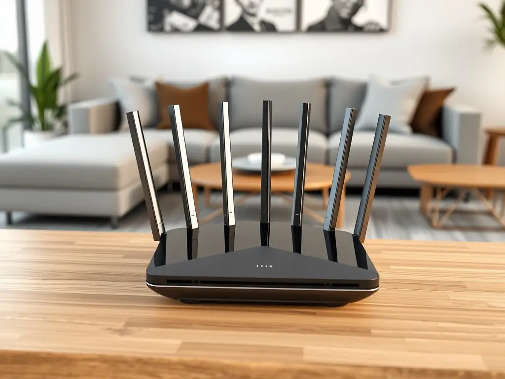 A clean and organized home network setup with a modern router and connected devices, showcasing a seamless and reliable internet experience.