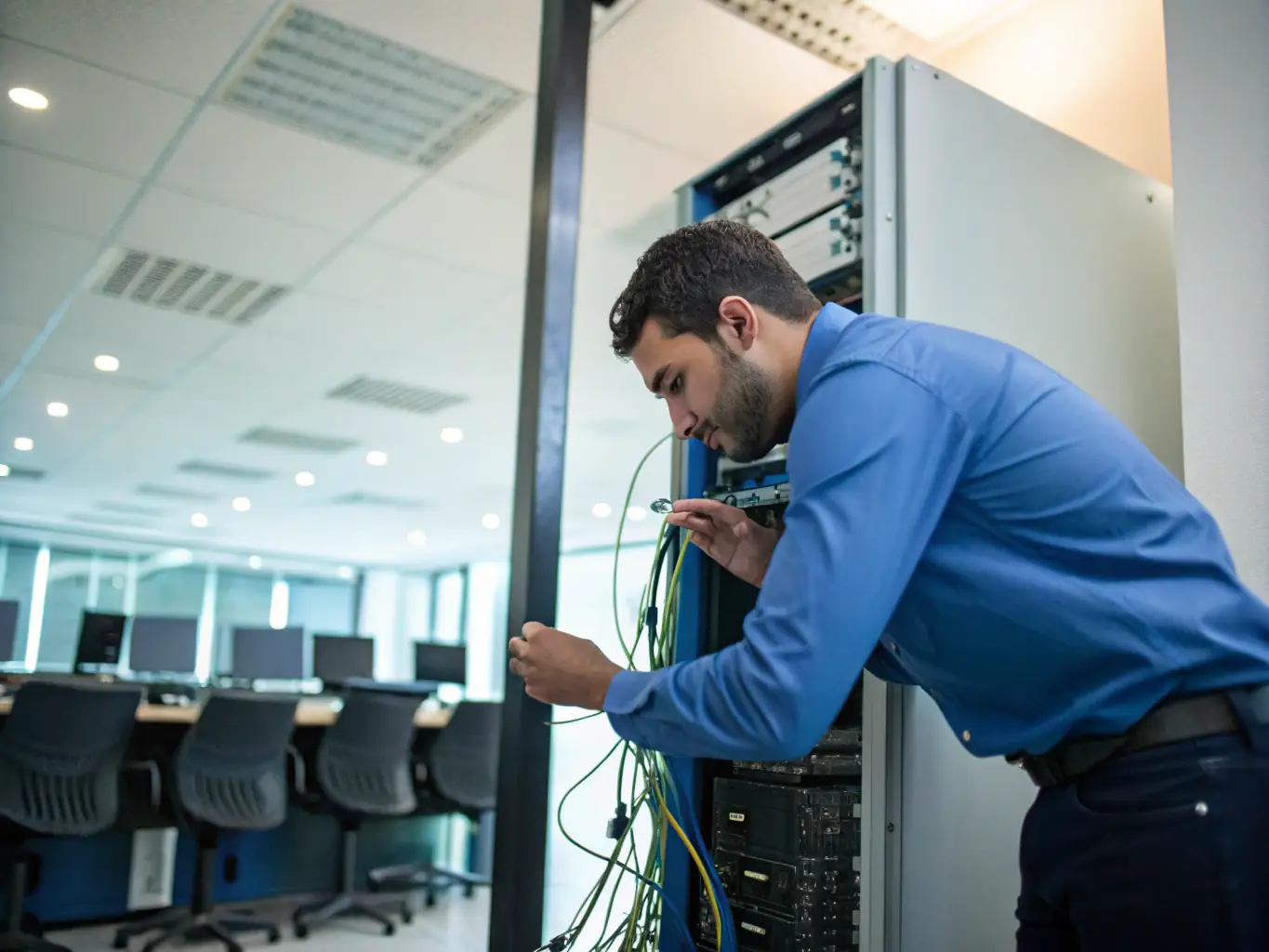 A professional technician configuring a secure network in a small office setting, representing On The Go Techs' business IT solutions.
